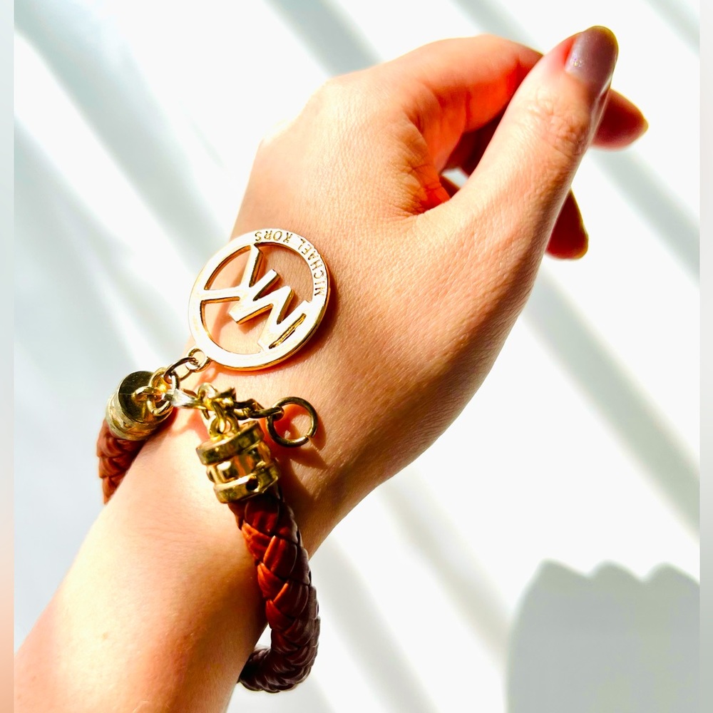 Michael Kors Braided Bracelet Leather Cord 9" Goldtone Metal Logo Signed